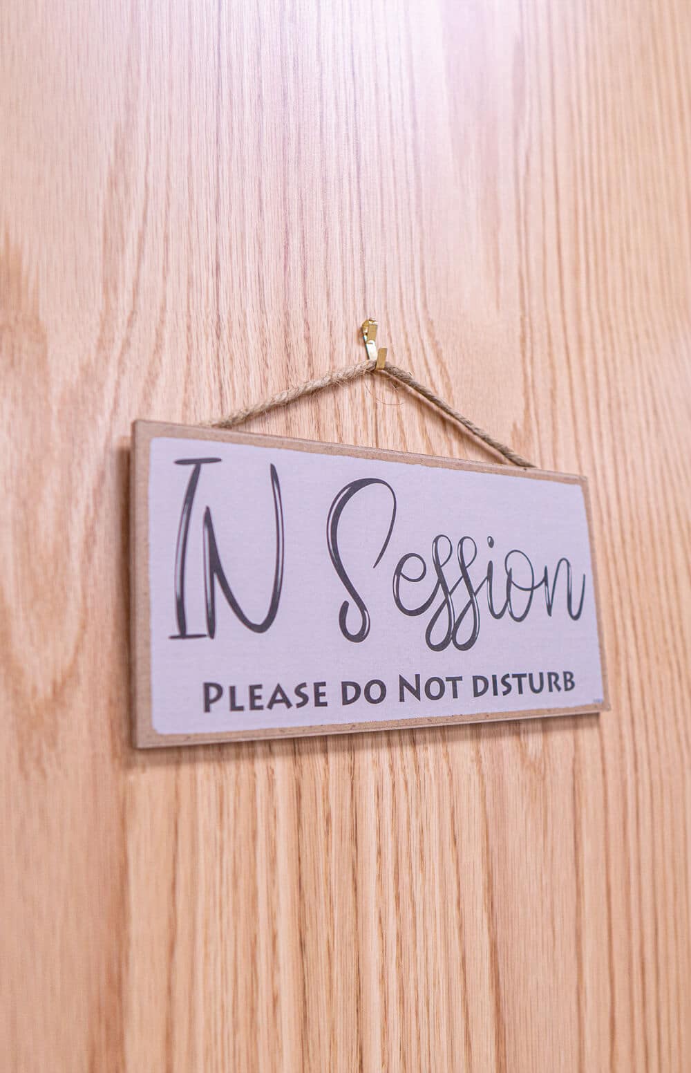 In Session, Please Do Not Disturb sign on a wood door
